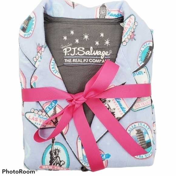 P.j. Salvage Blue Flannel Pajama Set Paris design Size Small - Picture 2 of 10